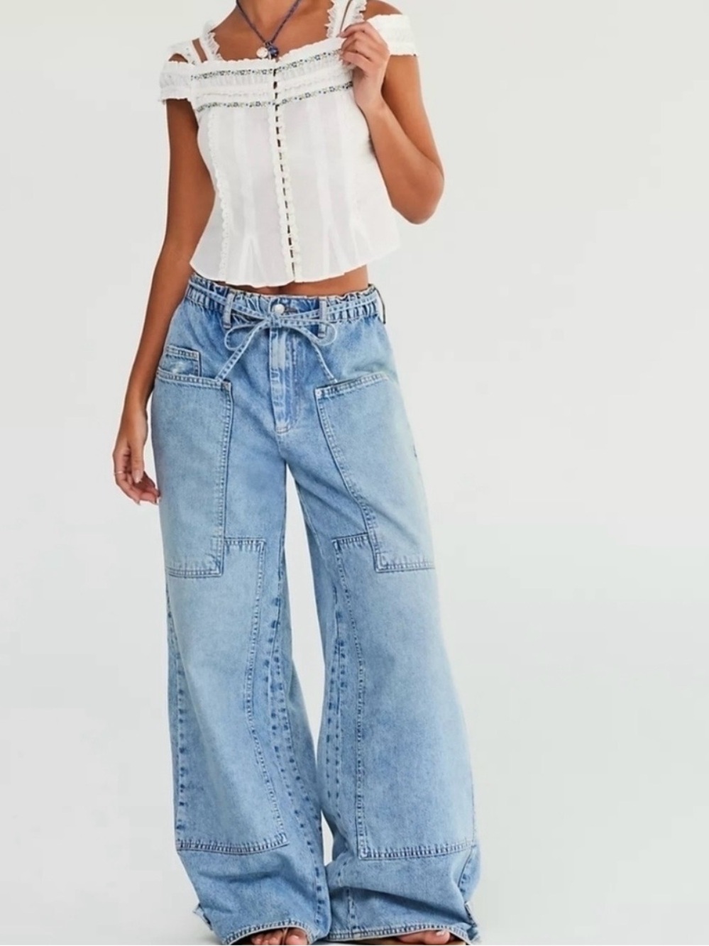 Free People We The Free Curvy Outlaw Wide Leg Jeans Tie Waist M